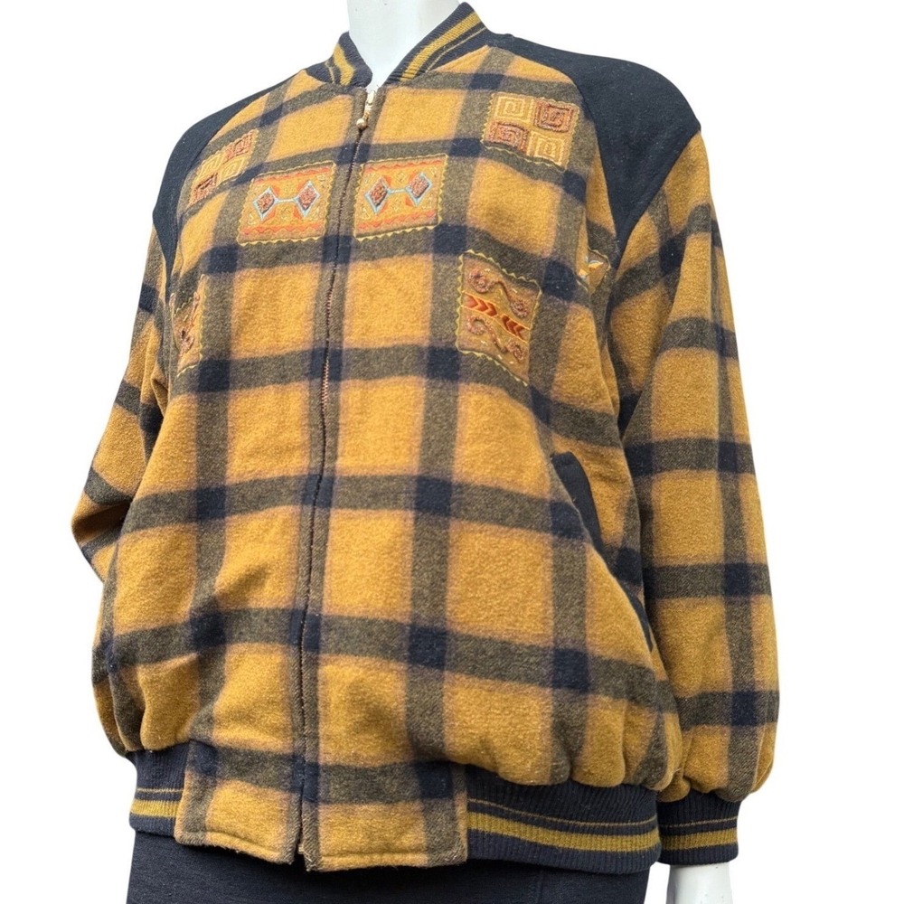 Aimilan Vinatge 90's Bomber Jacket Embroidered Yellow Black Plaid Crew neck Boho